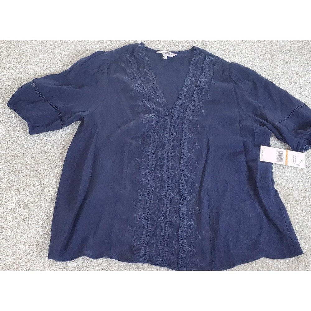 Nanette Lepore Women's Embroidered V-Neck Top SZ S Blue‎ Scalloped Crochet NWTG